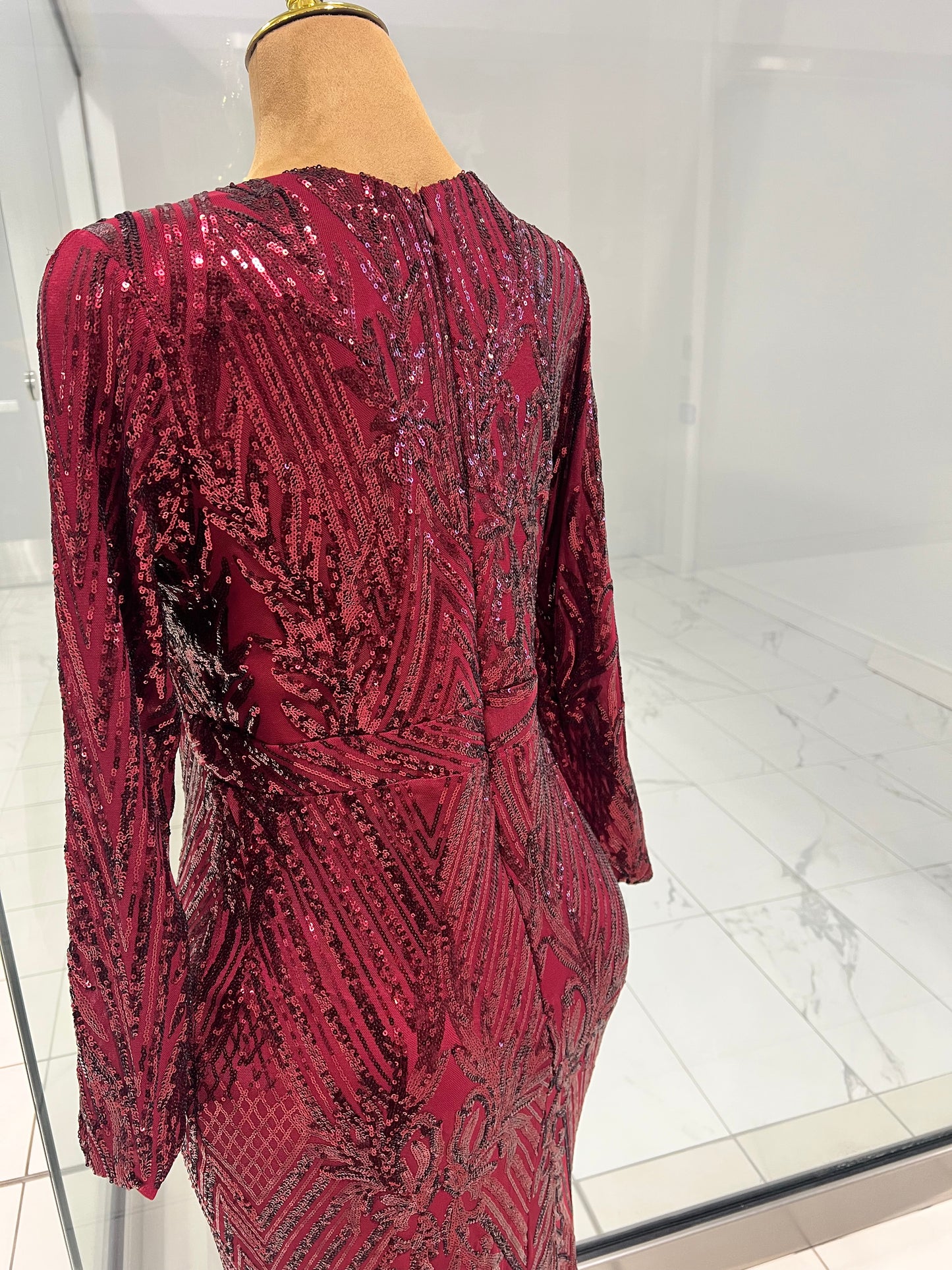 Wine Sequins Evening Gown