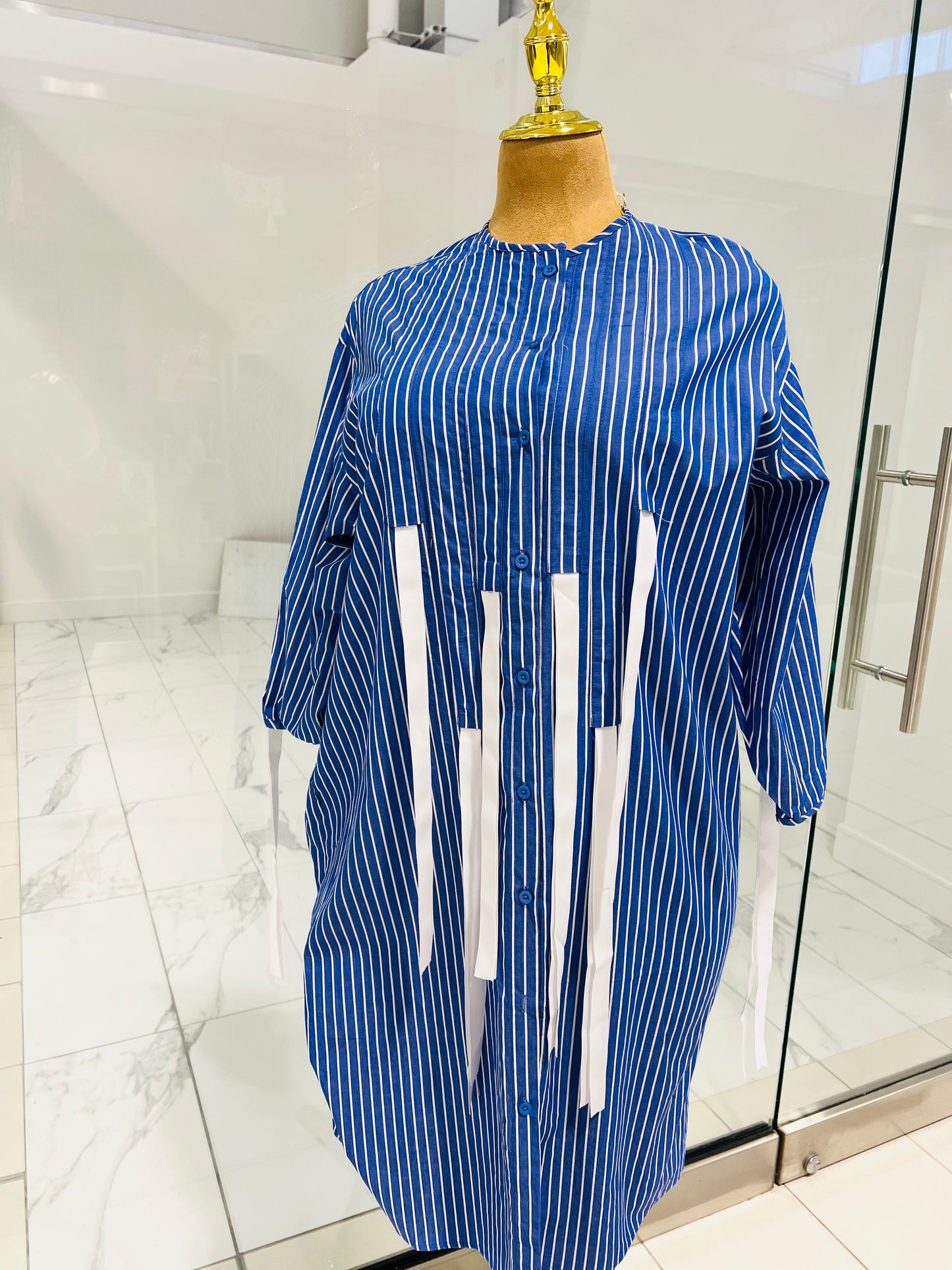 Blue Stripe Long Top with Side Pockets