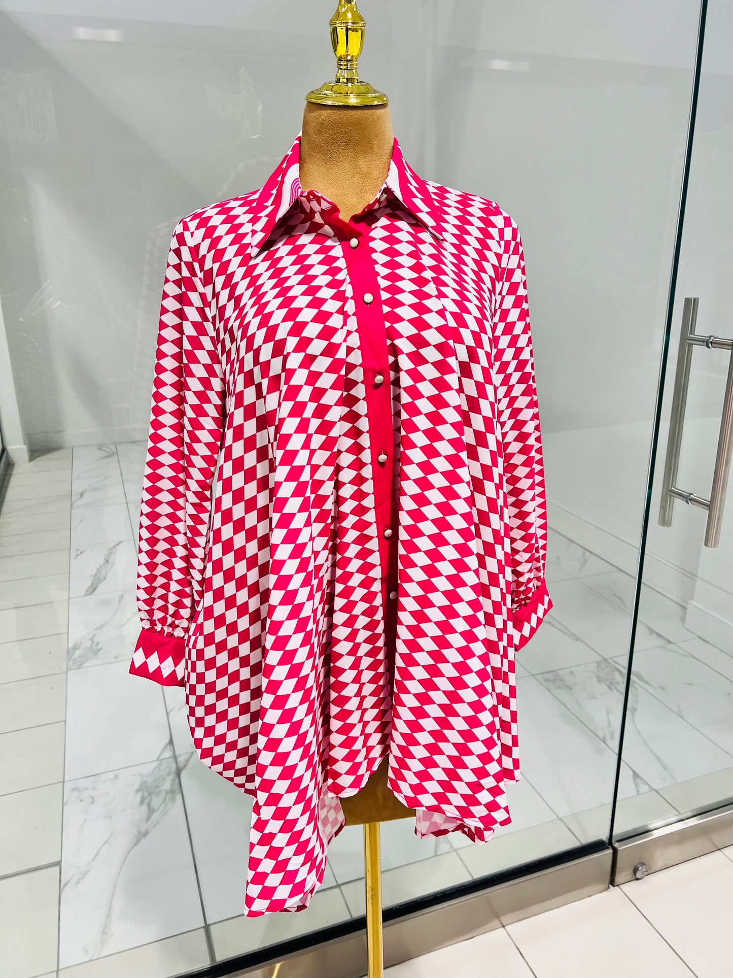 Pink and White Button-Down Long Top