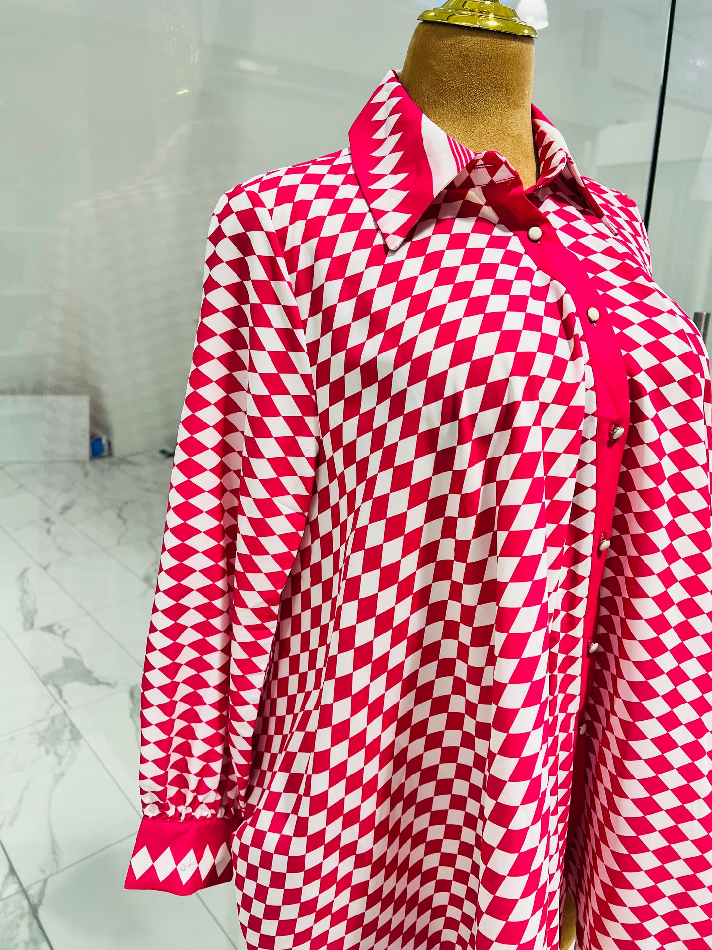 Pink and White Button-Down Long Top