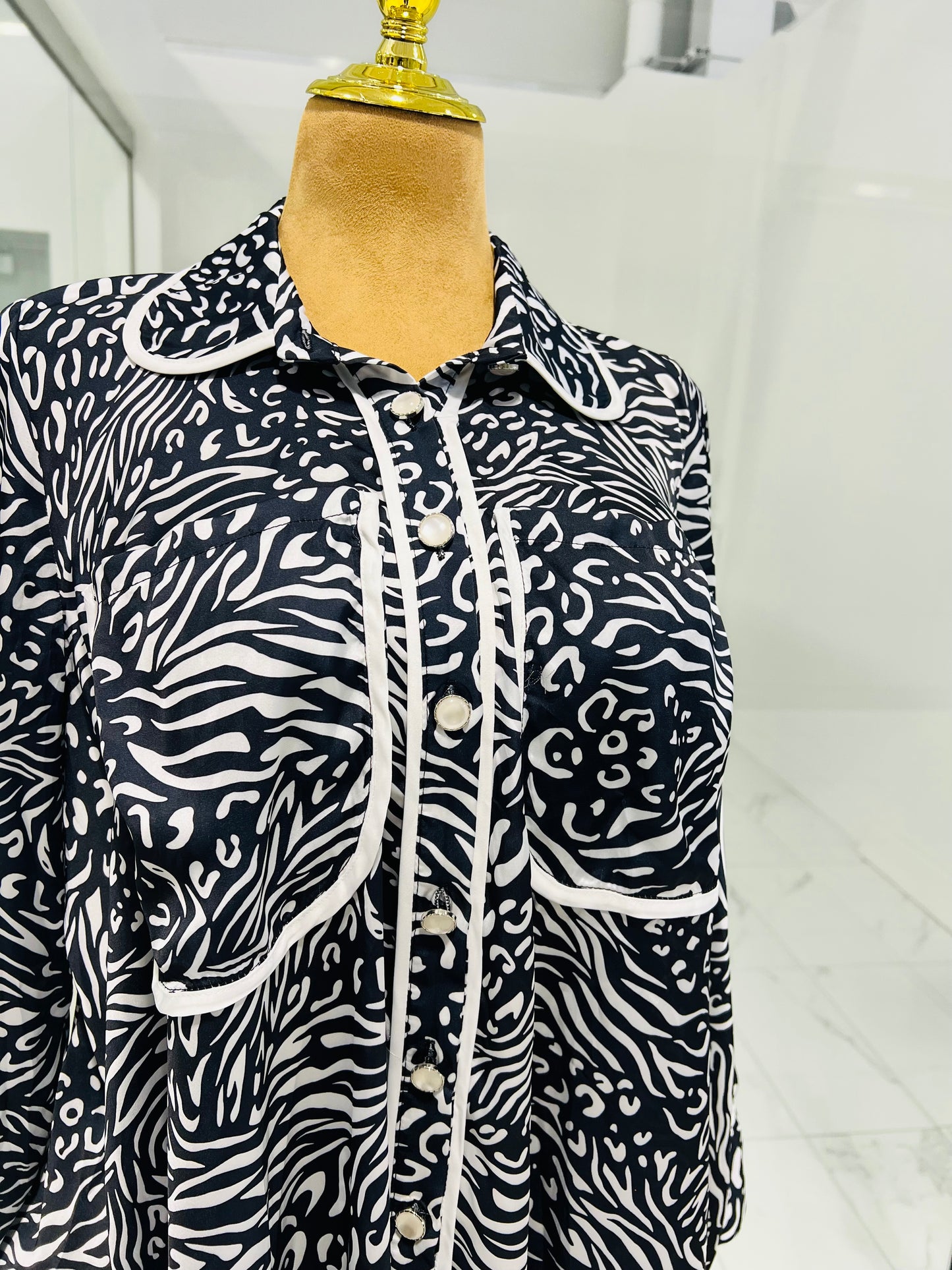 Black and White Silk Button-Down Shirt