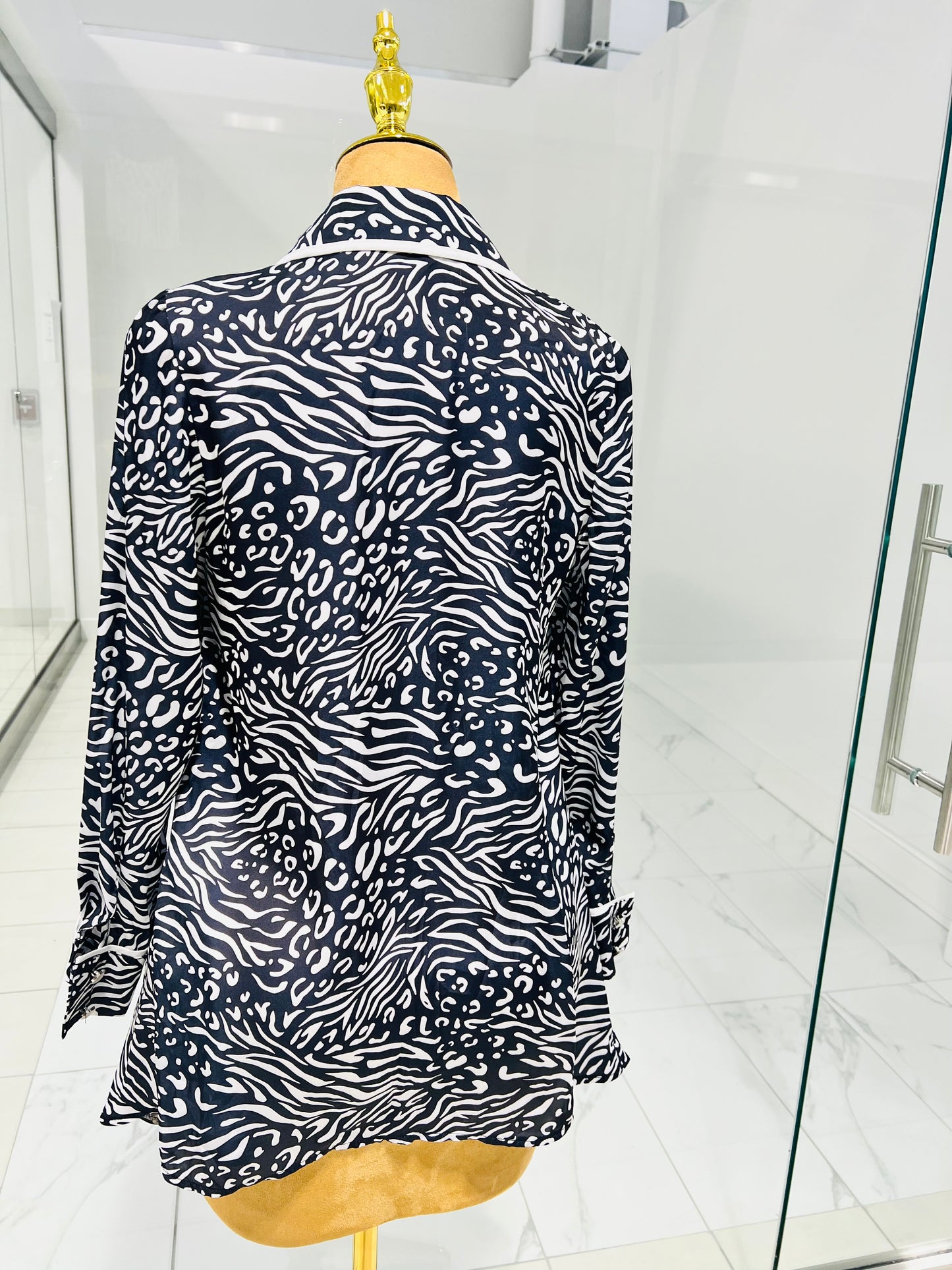 Black and White Silk Button-Down Shirt