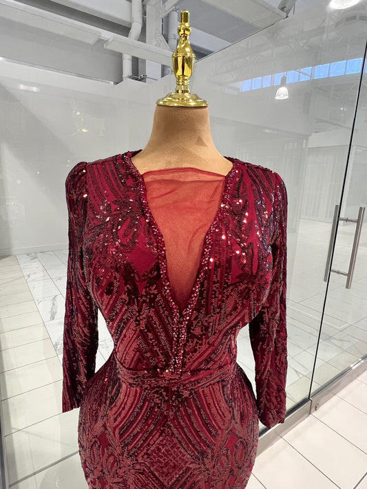 Wine Sequins Evening Gown