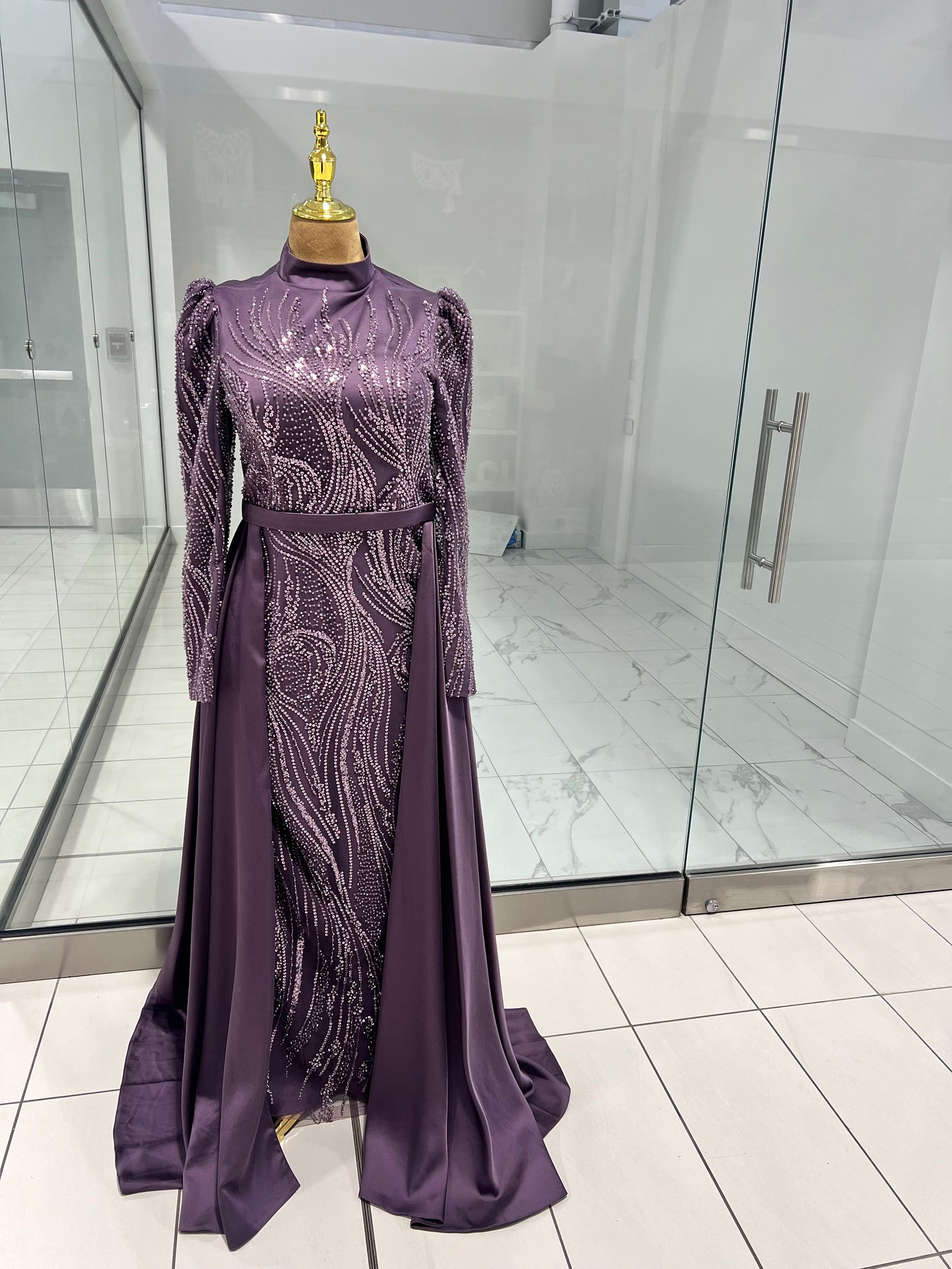 Lilac Silk Sequins Evening Dress