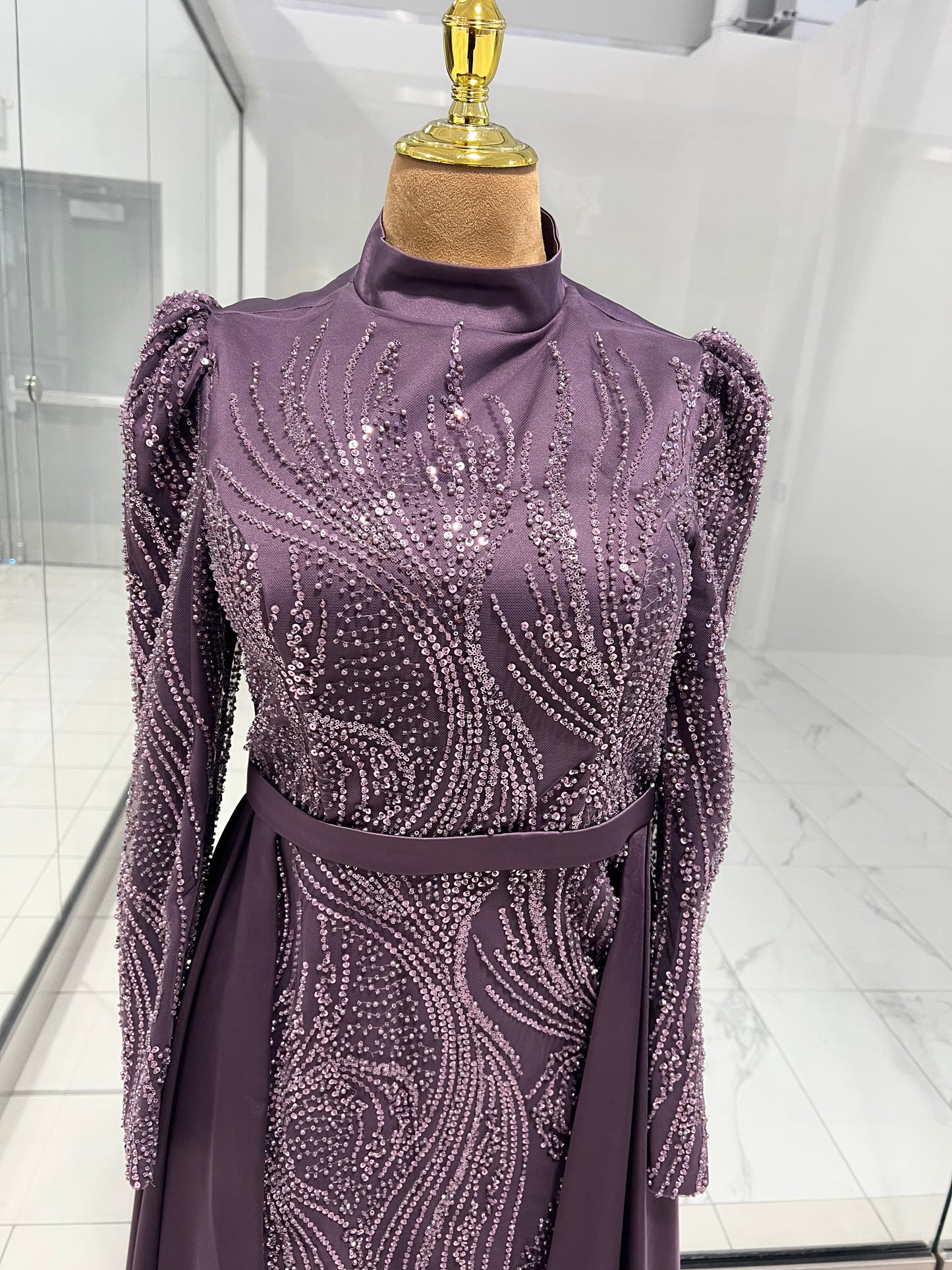Lilac Silk Sequins Evening Dress