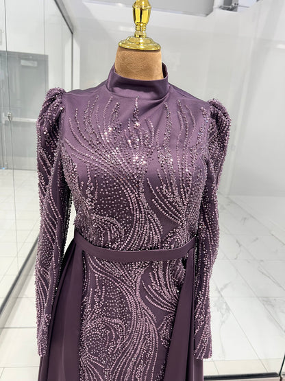 Lilac Silk Sequins Evening Dress
