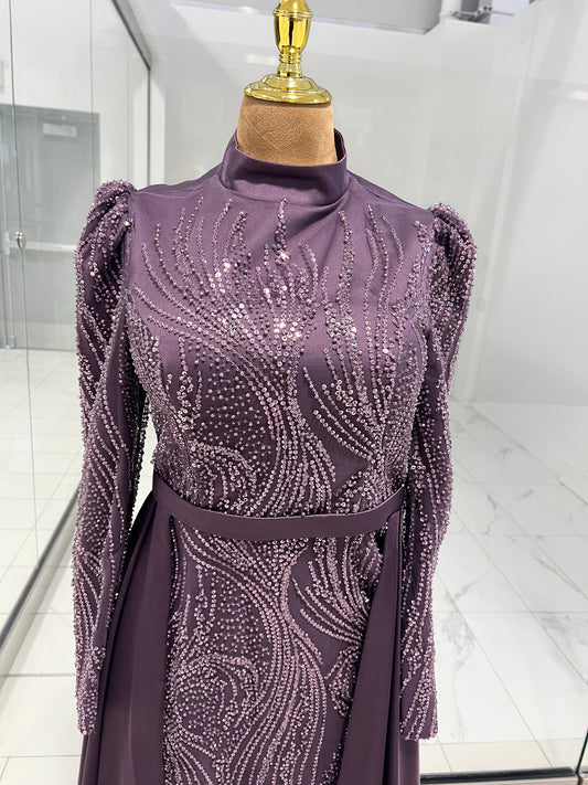 Lilac Silk Sequins Evening Dress