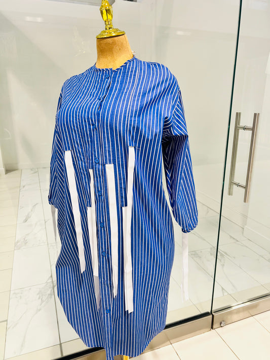Blue Stripe Long Top with Side Pockets