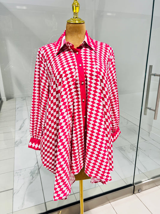 Pink and White Button-Down Long Top