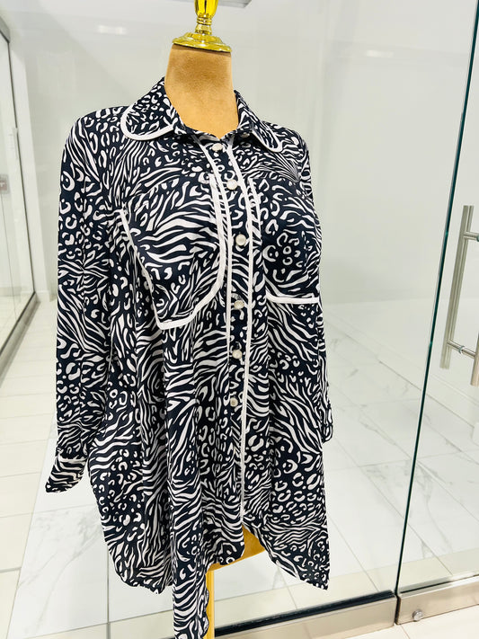 Black and White Silk Button-Down Shirt