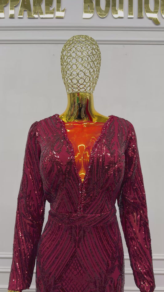 Wine Sequins Evening Gown