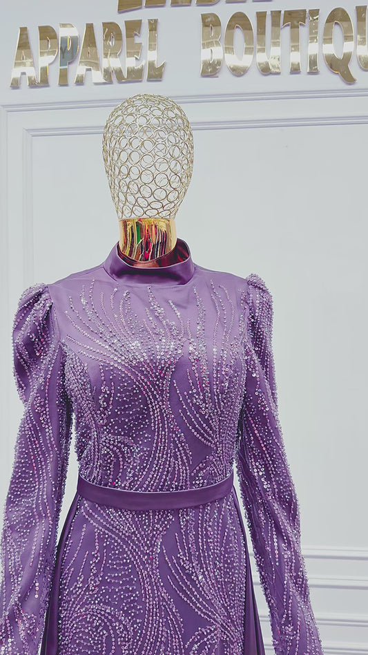 Lilac Silk Sequins Evening Dress
