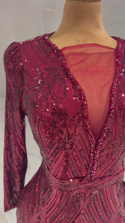Wine Sequins Evening Gown
